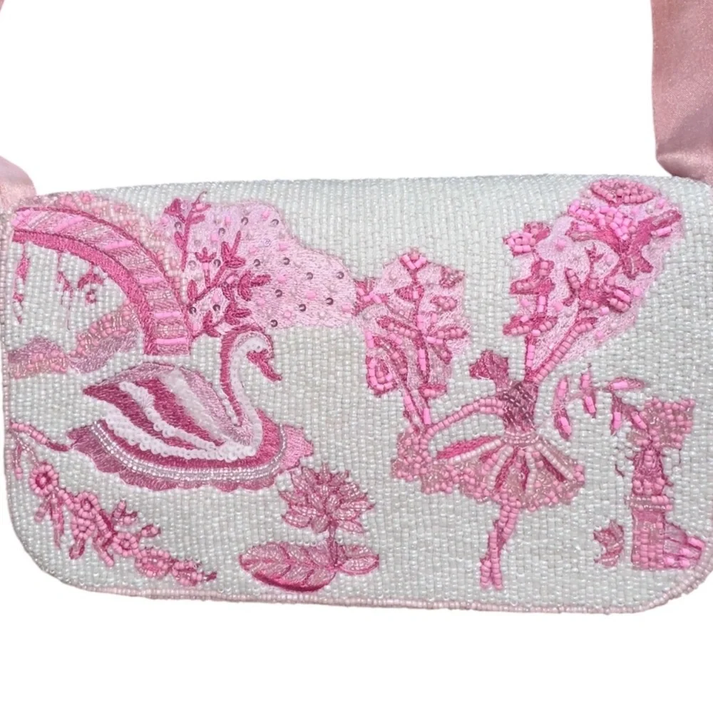 Ballerina Ballet Swan Beaded Bag Handcrafted India White Pink Viral NWT NEW - Picture 2 of 9